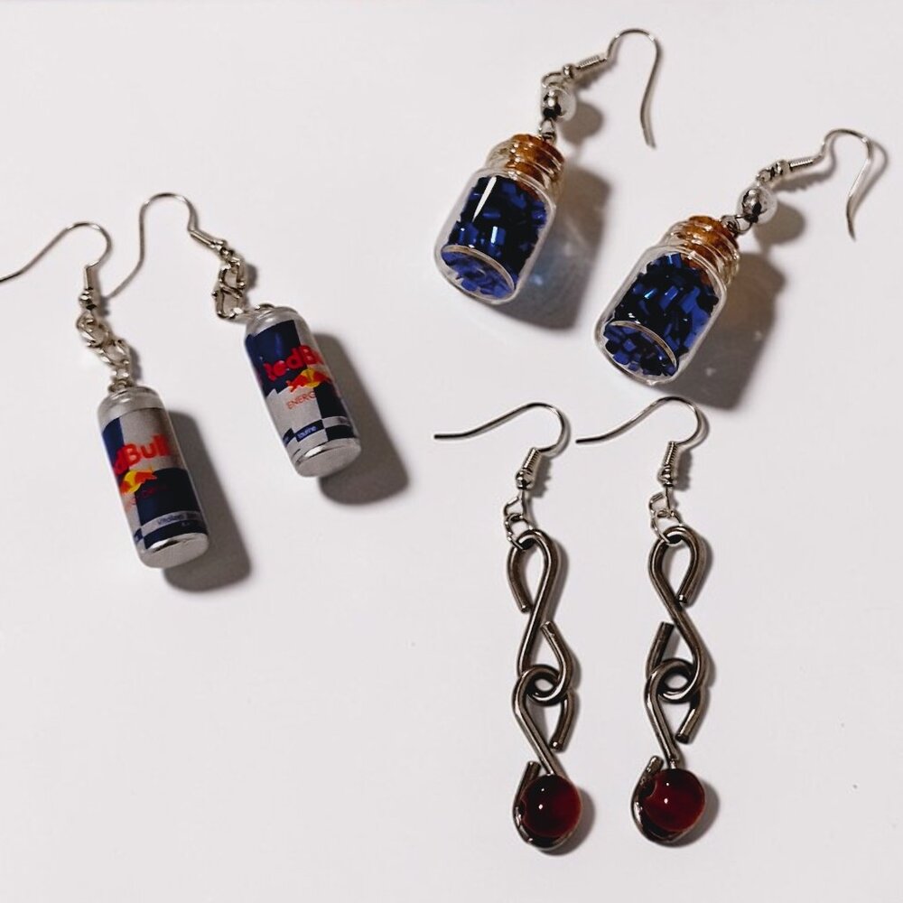 (3) PAIRS Handmade Jewelry Energy Drink Blue Bottle Purple Infinity Earrings